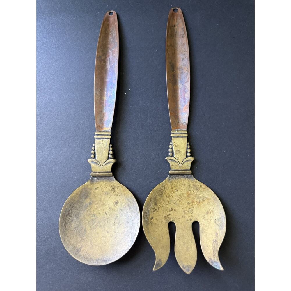 Vintage Copper Craft Guild Salad Serving Fork & Spoon Set Taunton Mass 12” Long